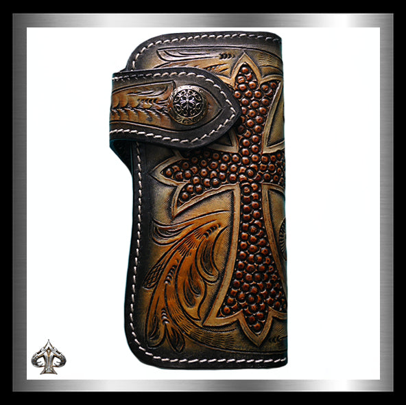 Hand tooled leather wallet with store cross